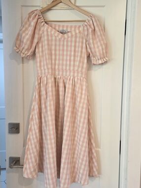 Pink Gingham Puff Sleeve Cottagecore Midi Dress Milkmaid Coquette XS Cotton